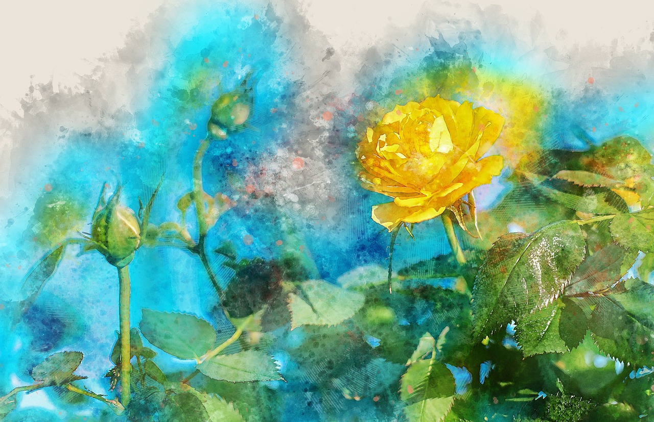 a painting of a yellow rose in a garden, a watercolor painting, trending on pixabay, digital art, blue and yellow gradient, background image, texturized, full of colour 8-w 1024