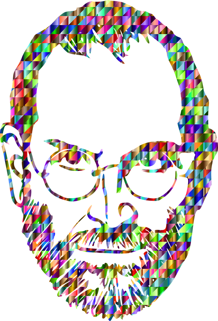a portrait of a man with glasses and a beard, vector art, inspired by Chuck Close, flickr, generative art, psychdelic multicolored, portrait of sigmund freud, keith harring, chrome art