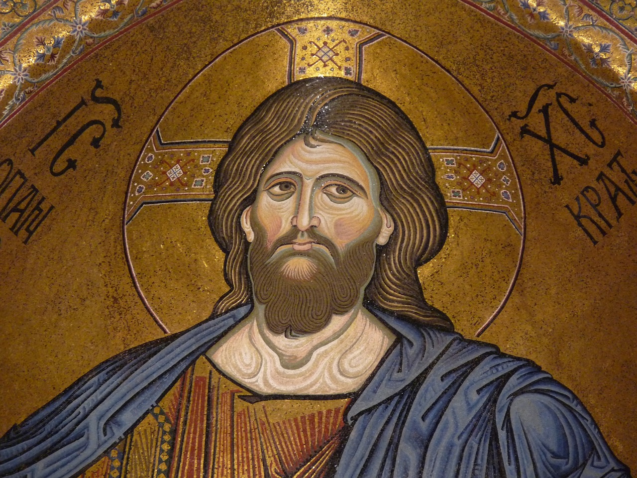 a close up of a painting of jesus, a mosaic, flickr, cloisonnism, the god hephaestus, flat cel shaded, looking straight to camera, greg rutkowski detailed