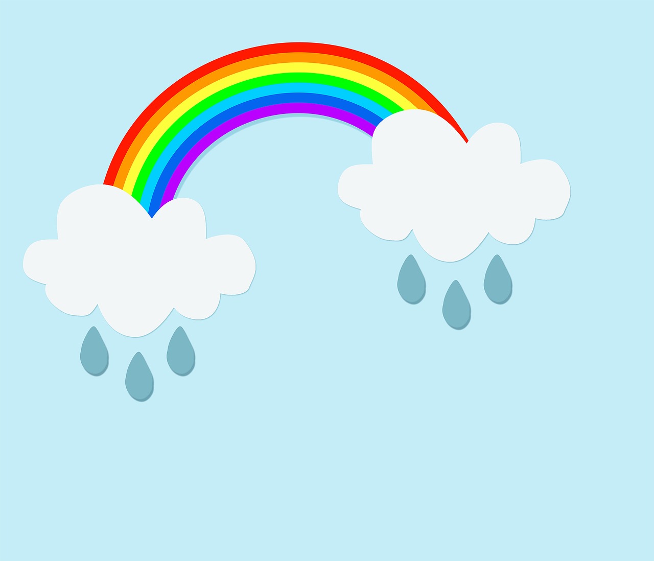 a rainbow and some clouds in a blue sky, an illustration of, raindrop, simple and clean illustration, paper, on a gray background