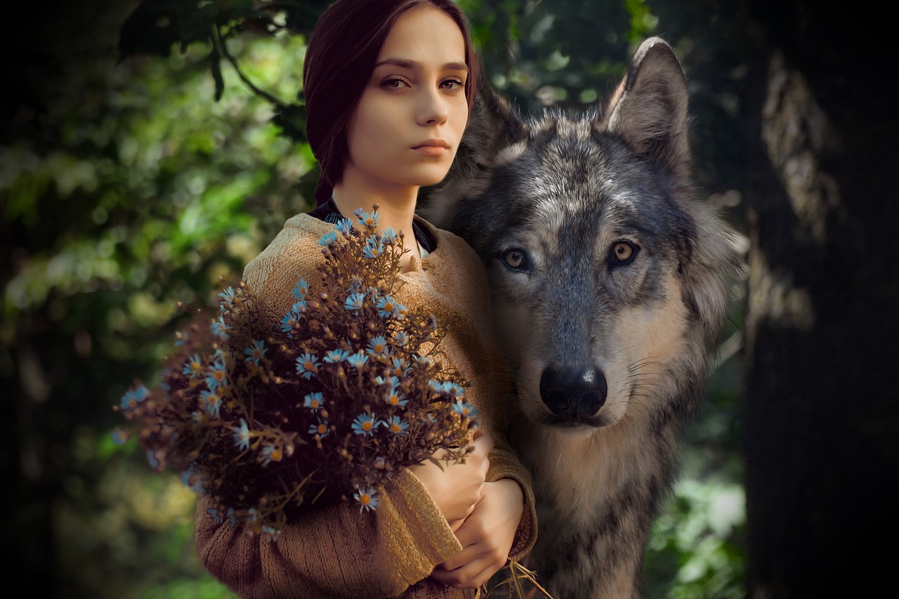 a woman holding a bunch of flowers next to a wolf, a picture, inspired by Wolf Huber, Artstation contest winner, daz3d genesis iray shaders, portrait of arya stark, brad kunkle elson peter, emma watson as joan of arc