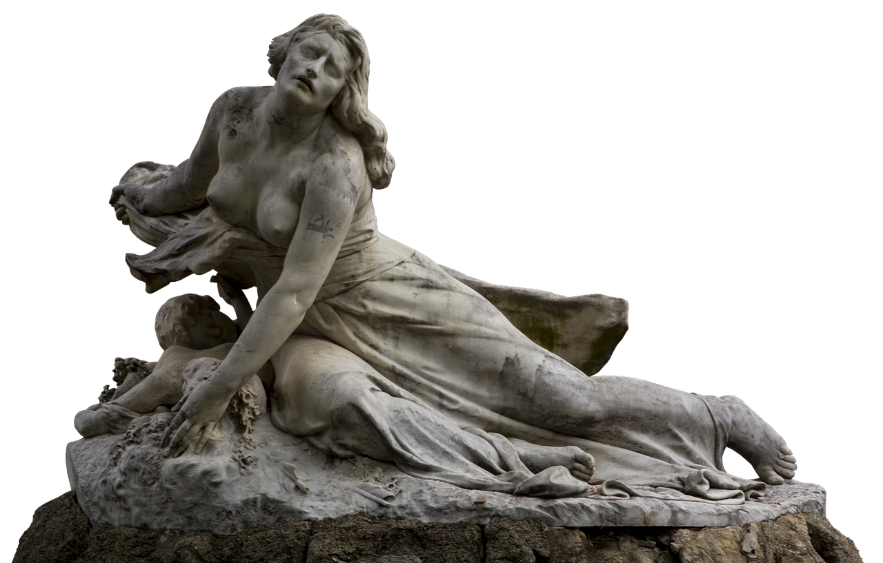 a statue of a woman sitting on a rock, a marble sculpture, by Alexandre Falguière, featured on zbrush central, romanticism, london cemetery, from louvre, wounded, davide sorrenti