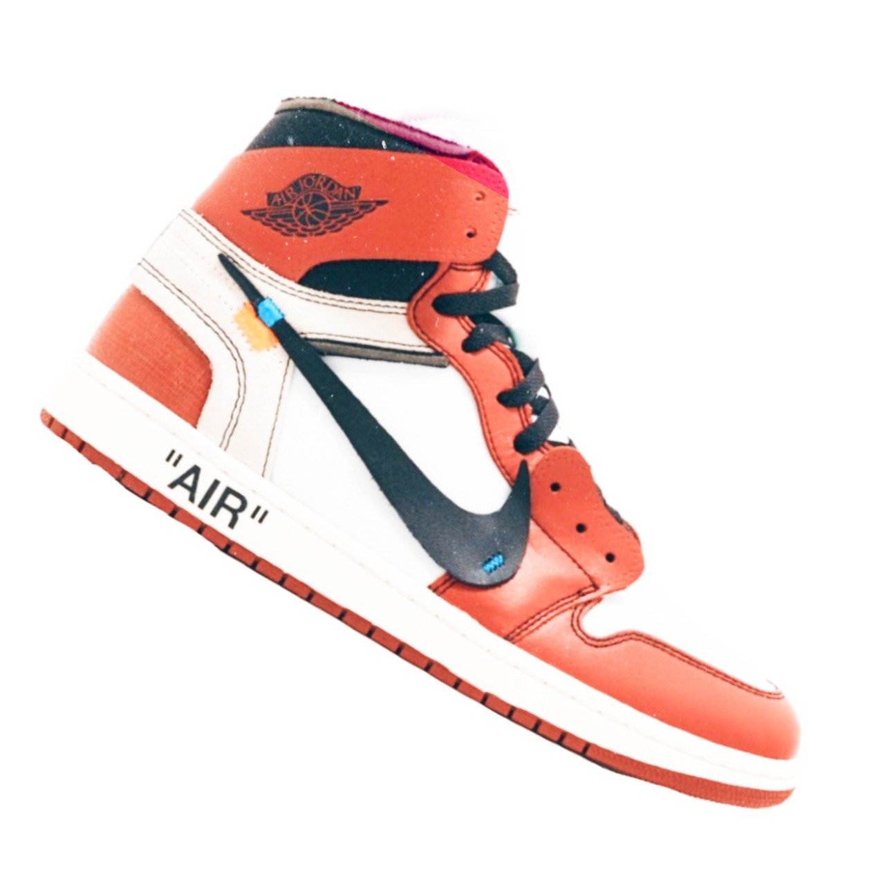 a pair of air jordans on a white background, hyperrealism, orange red black white, off-white plated armor, high quality product image”, 🎀 🗡 🍓 🧚