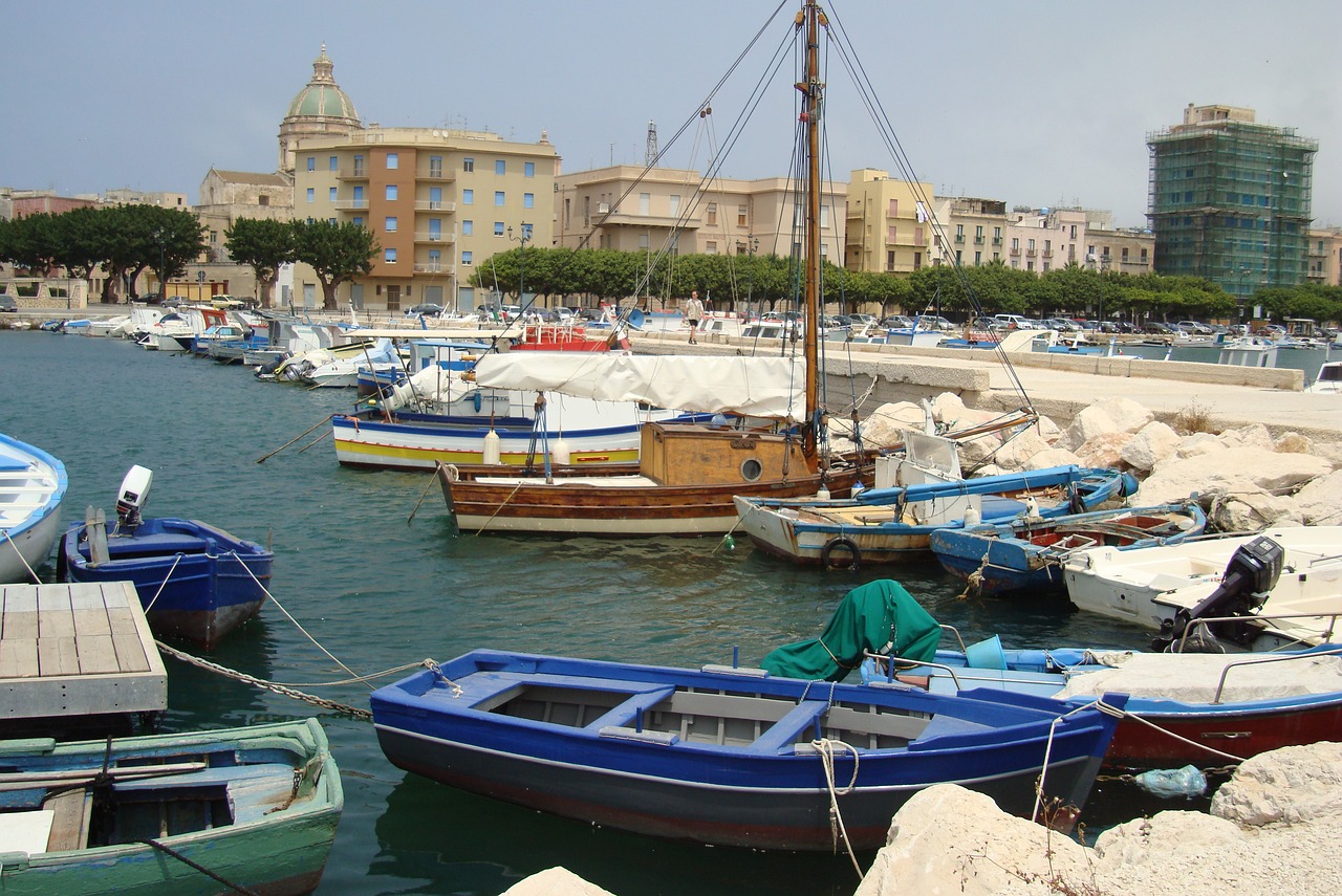 a number of small boats in a body of water, a photo, renaissance, ocatane, harbour in background, blue