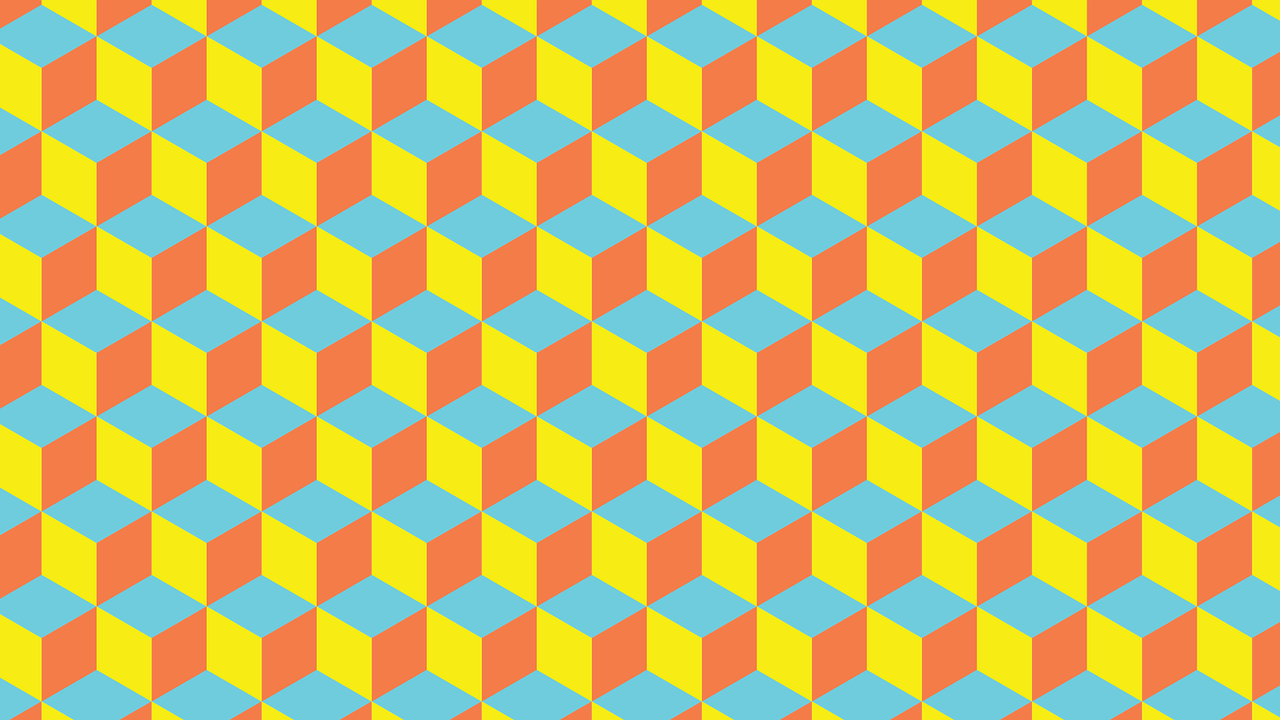 an orange and blue checkered pattern is shown, optical illusion, hexagonal pattern, turquoise pink and yellow, solid cube of light, 6 0's