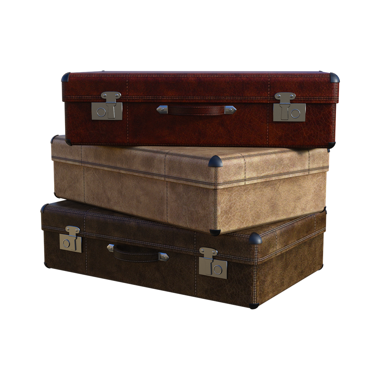 three suitcases stacked on top of each other, a low poly render, by Harold von Schmidt, trending on polycount, art deco, highly detailed textured 8k, retro dark vintage, leather straps, realistic textures from photos