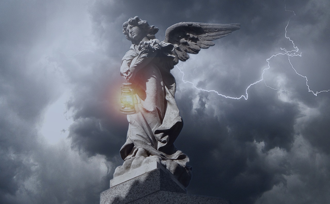 a statue of an angel holding a lantern, pixabay contest winner, digital art, dark storms with lightning, upper volumetric lightning, grave, photo from the side