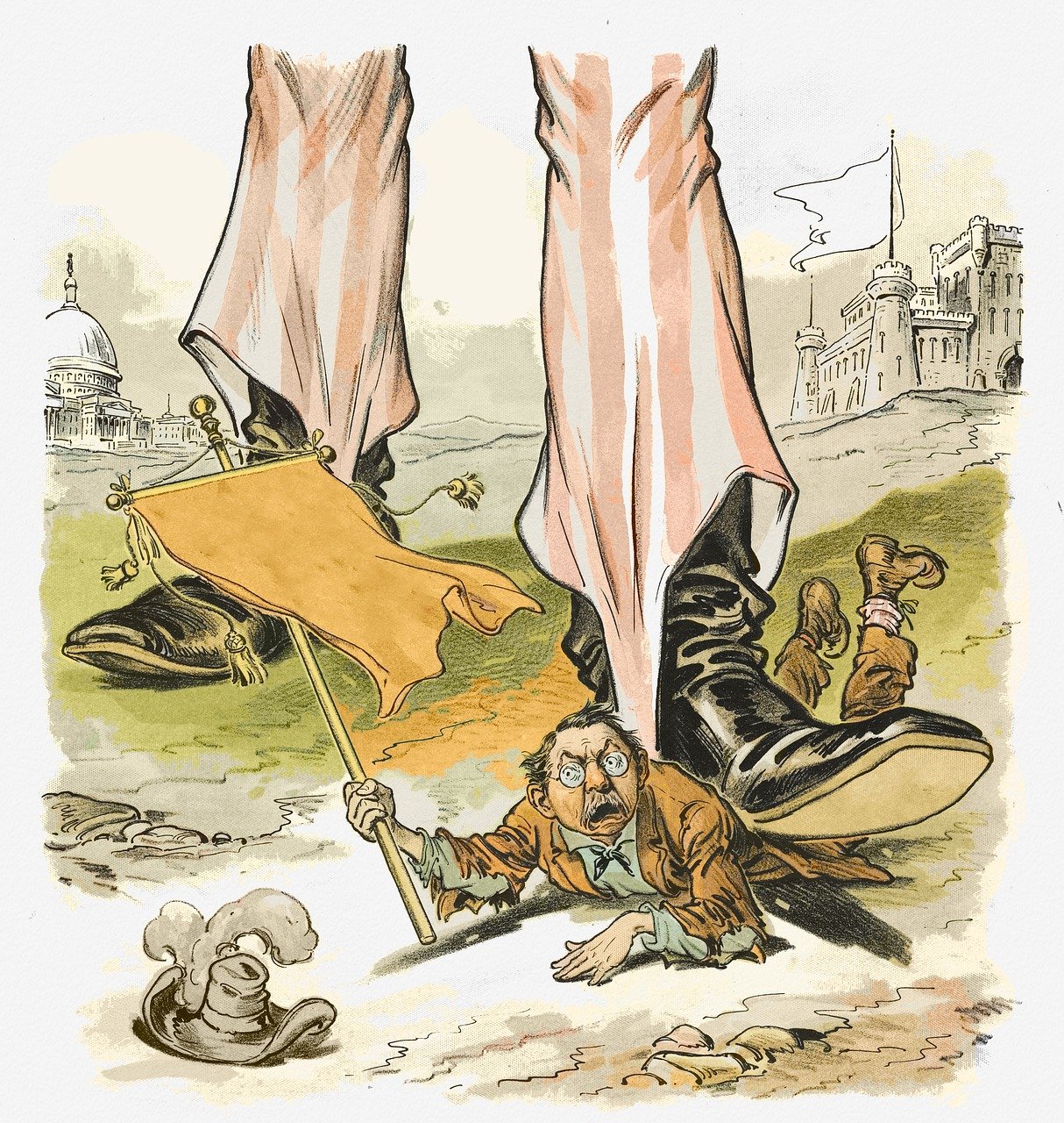 a cartoon picture of a man standing over a dead dog, an illustration of, by Julius Exner, shutterstock, conceptual art, flag in his right hand, stepping on towers, inauguration, editorial illustration