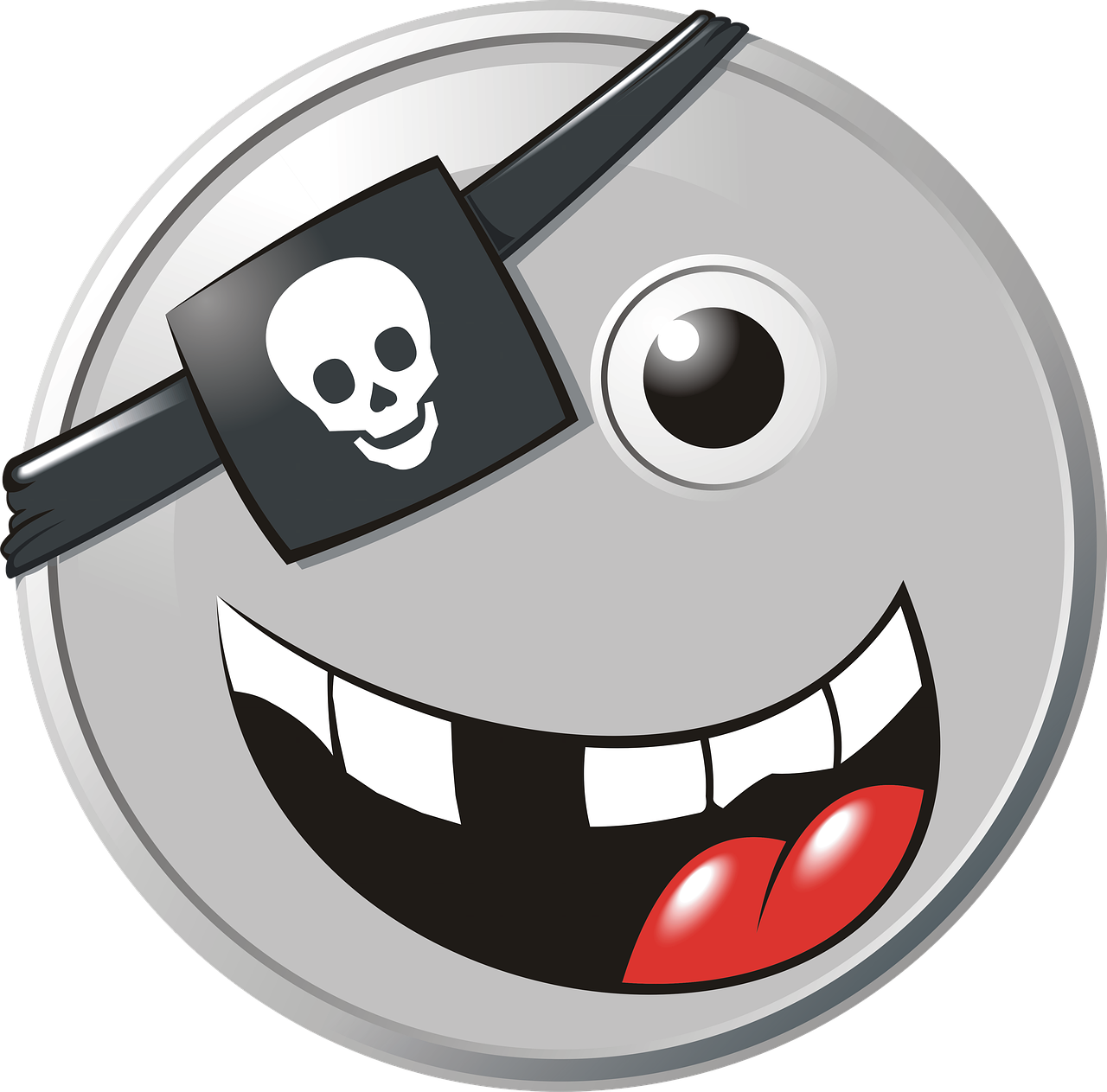 a smiley face with a pirate eye patch on it, an illustration of, mingei, grey metal body, halloween theme, exciting illustration, land mines