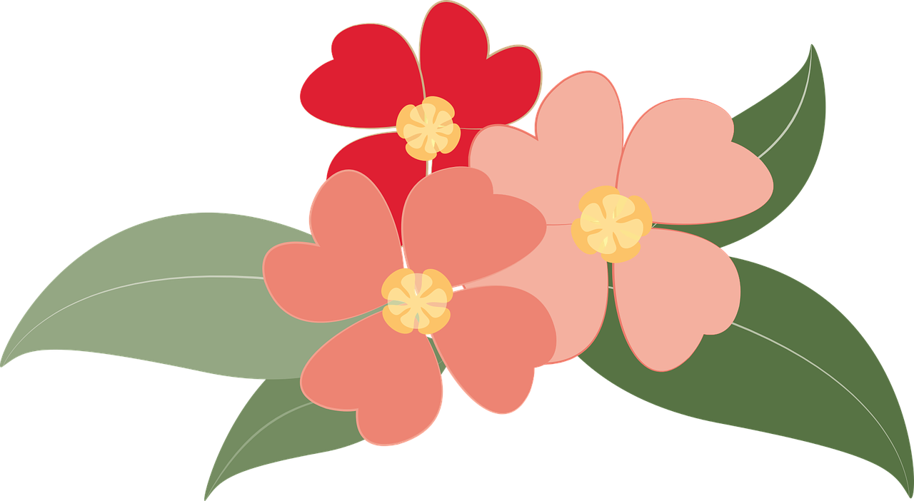 a bunch of flowers with leaves on a black background, a digital rendering, inspired by Masamitsu Ōta, sōsaku hanga, cute:2, pink and red color style, loosely cropped, manuka
