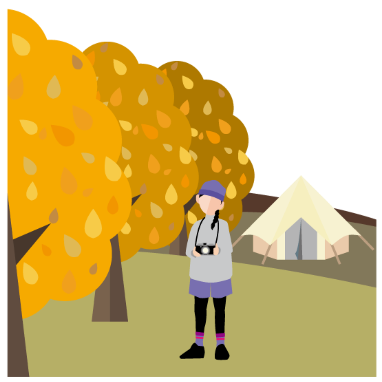 a woman standing next to a tree with a tent in the background, by Winona Nelson, digital art, fall foliage, simple cartoon style, he is at camp, on black background