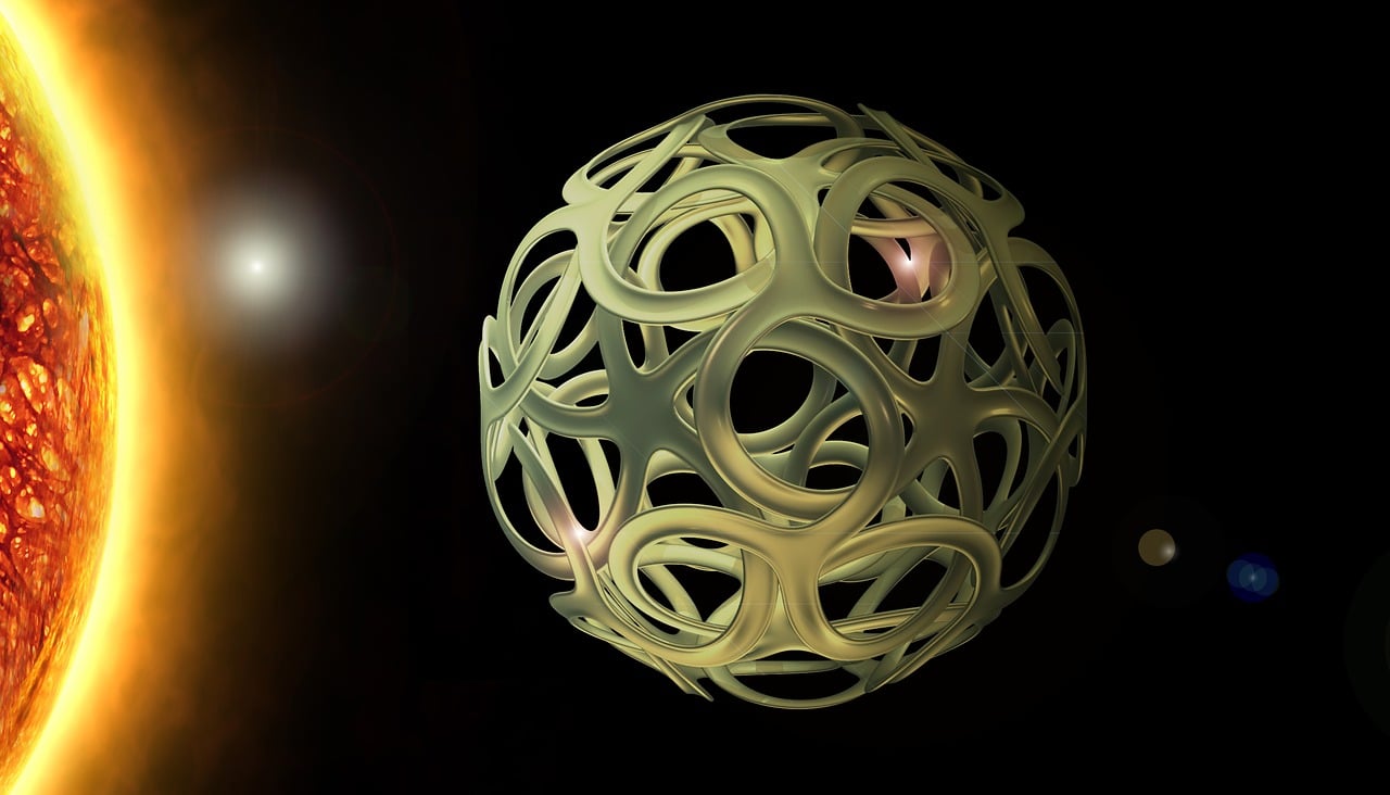 a close up of a sphere with a sun in the background, a 3D render, inspired by Aleksander Gierymski, generative design, pendant, organic form, with glow on some of its parts