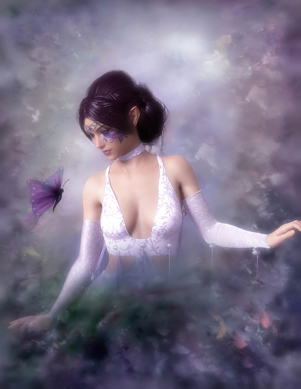 a woman in a white dress holding a purple butterfly, trending on cg society, fantasy art, soft mist, beautiful avatar pictures, ivy, softness
