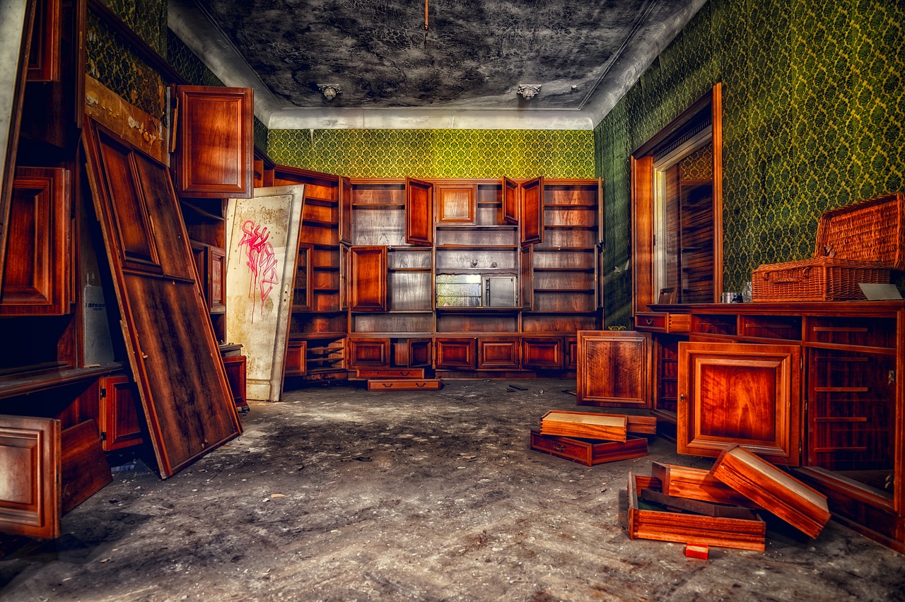 a room filled with lots of wooden furniture, by Matthias Weischer, trending on pixabay, maximalism, during a biohazard apocalypse, tonemapped, polish mansion kitchen, wallpaper!