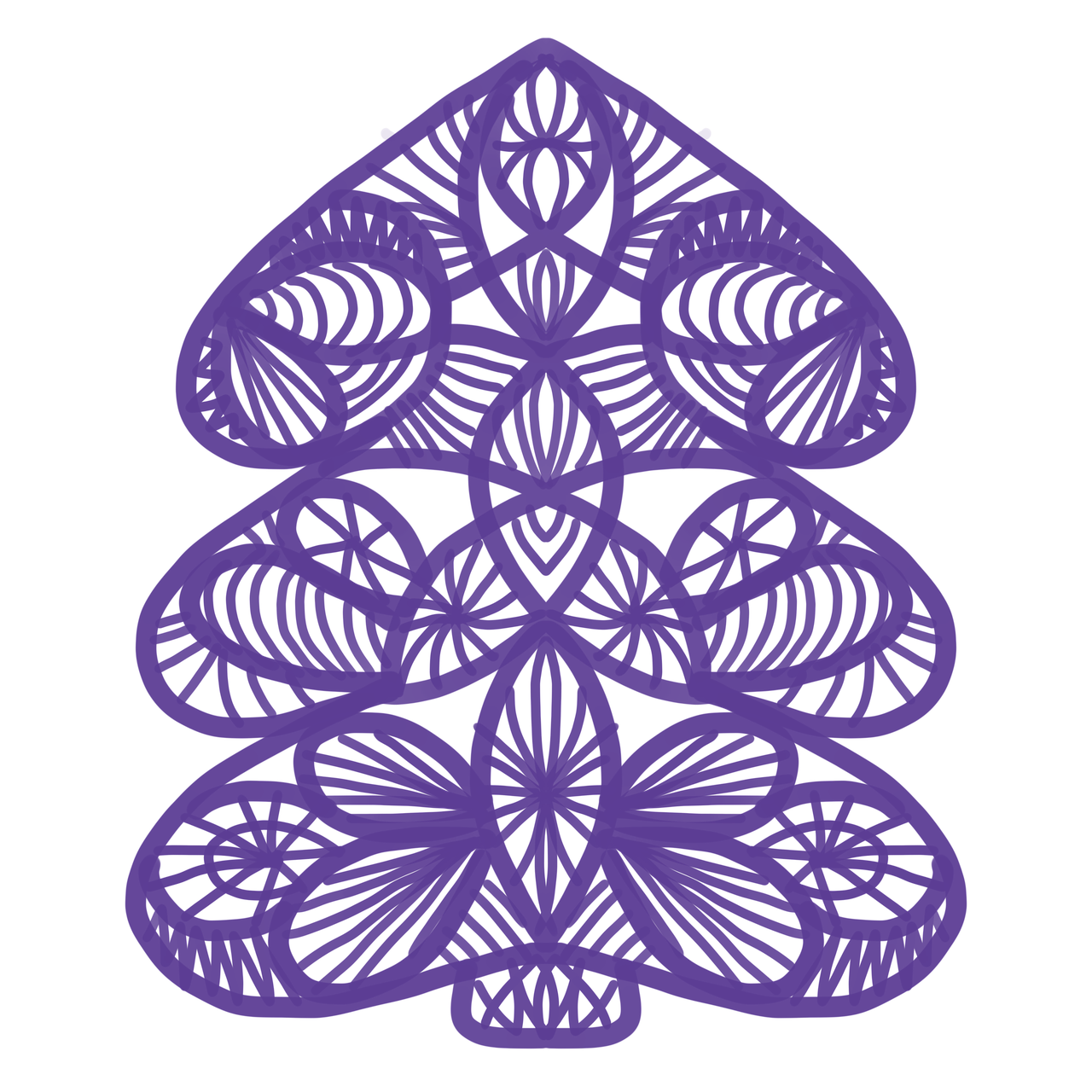a purple paper christmas tree on a black background, inspired by Hanabusa Itchō II, sōsaku hanga, detailed lacework, high res, palm pattern visible, symmetrical tarot illustration
