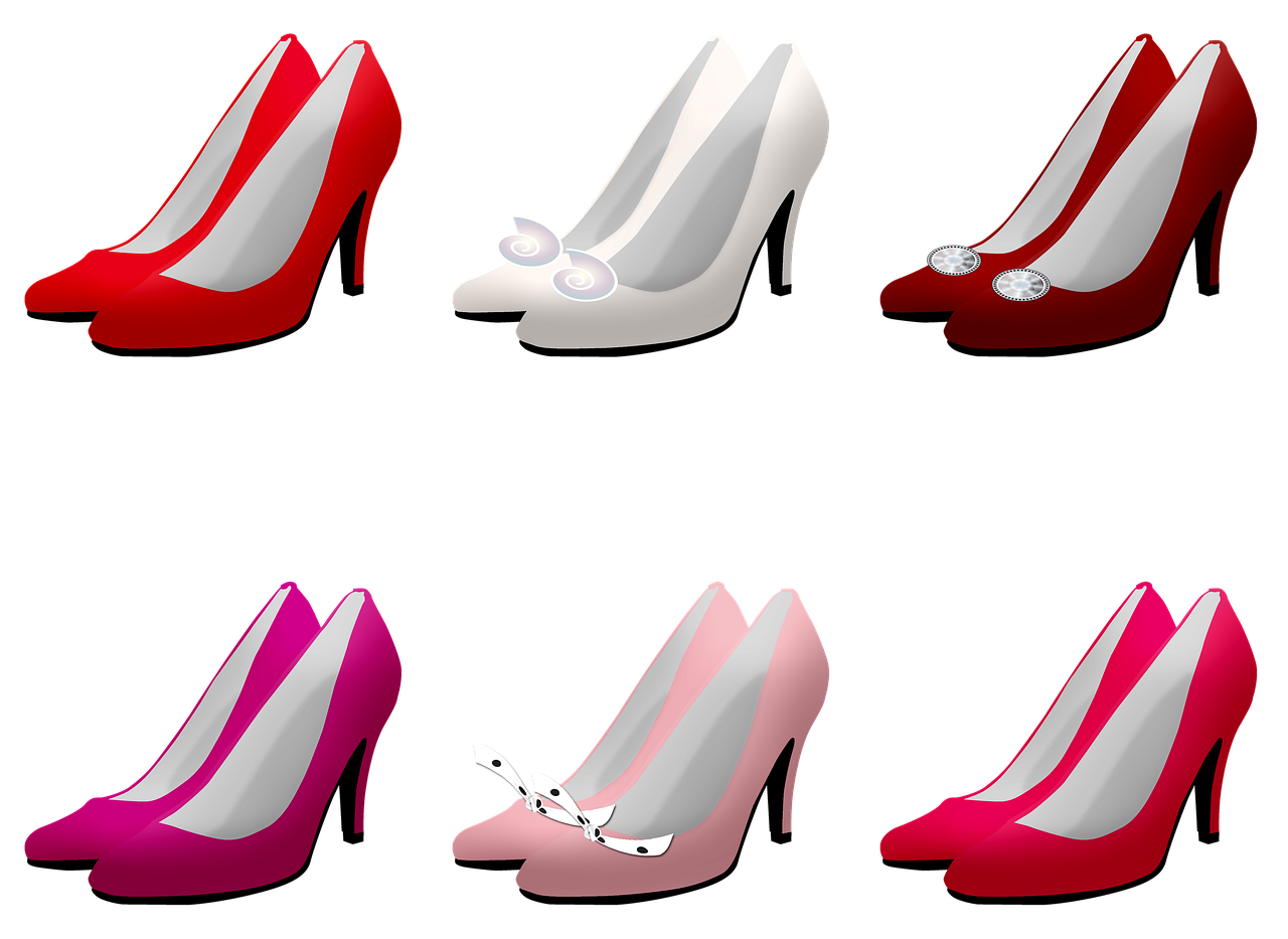 a set of nine different colored high heel shoes, an illustration of, inspired by Manolo Millares, trending on pixabay, silver white red details, with a black background, princess, shades of pink