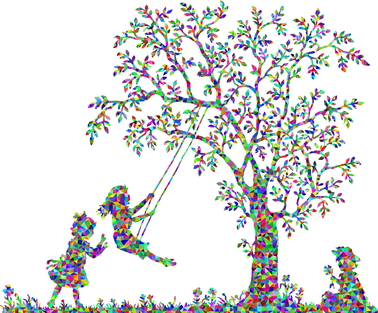 a person on a swing next to a tree, a digital rendering, generative art, kids playing, highly intricate in technicolor, black backround. inkscape, fun - w 704