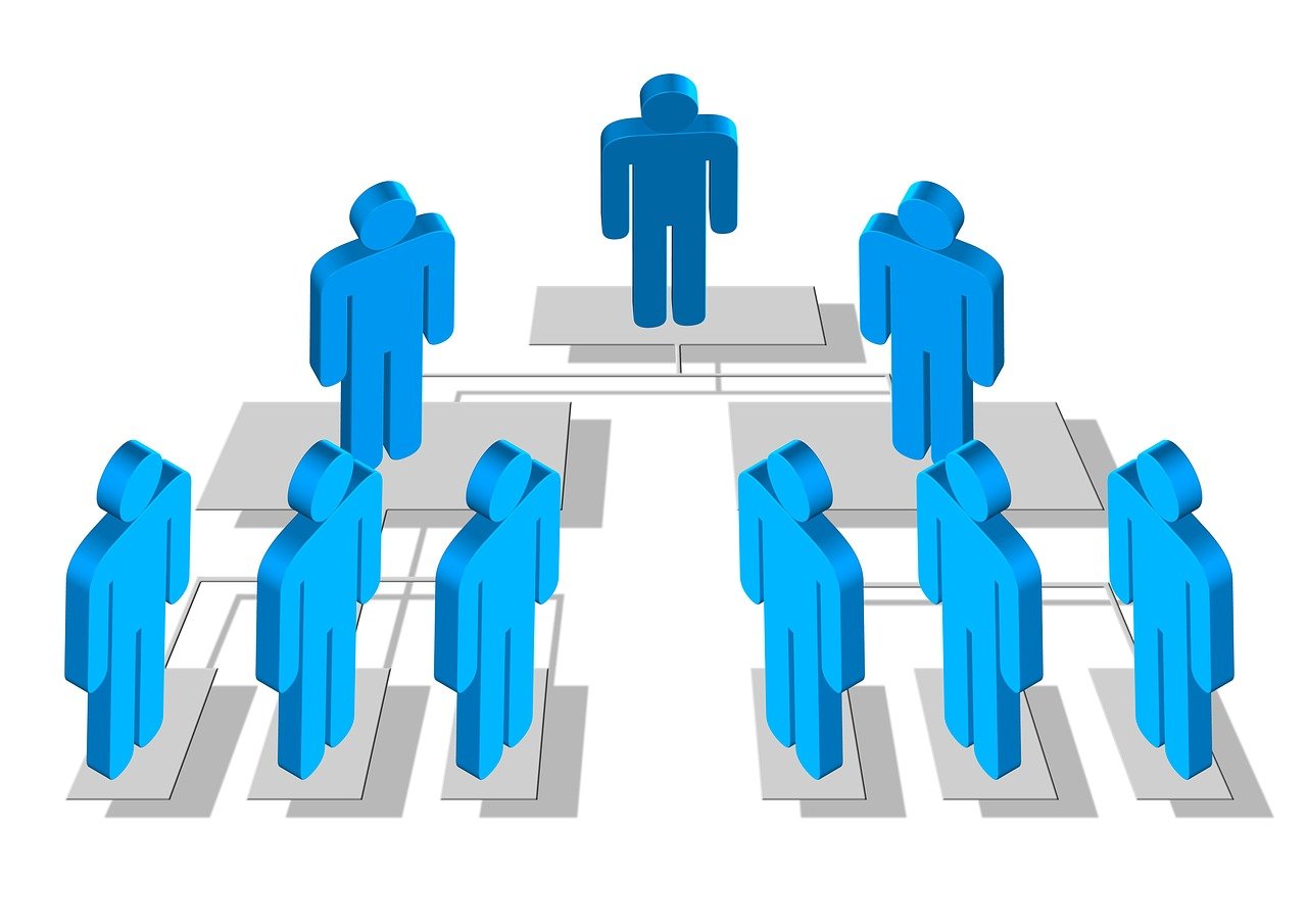a group of blue people standing next to each other, an illustration of, level structure, table is centered, platforms, stylized illustration