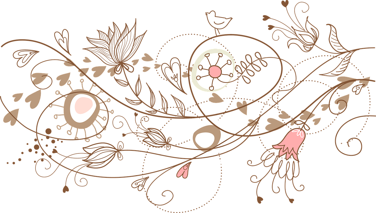 a drawing of flowers and birds on a black background, vector art, deviantart, background full of brown flowers, header, (((intricate))), funky