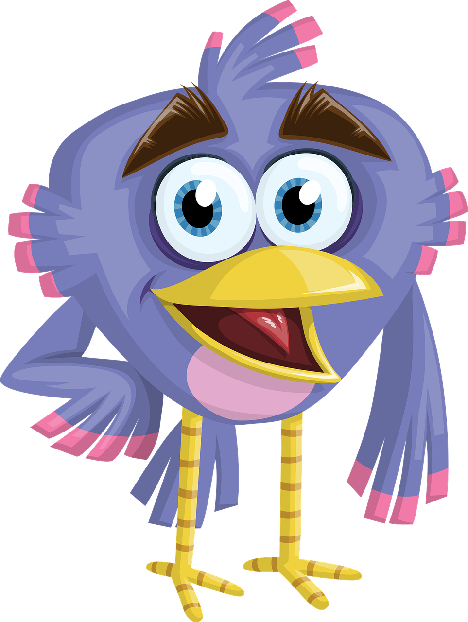 a cartoon blue bird with a pink beak, inspired by Charles Bird King, huge surprised eyes, uhd character details, torri, large purple eyes