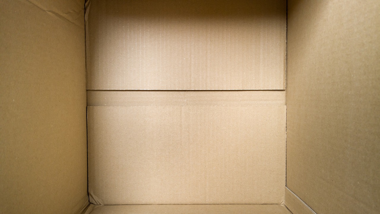 an open cardboard box sitting on top of a floor, a stock photo, by Richard Carline, shutterstock, bottom - view, yellowing wallpaper, close macro photo. studio photo, difraction from back light