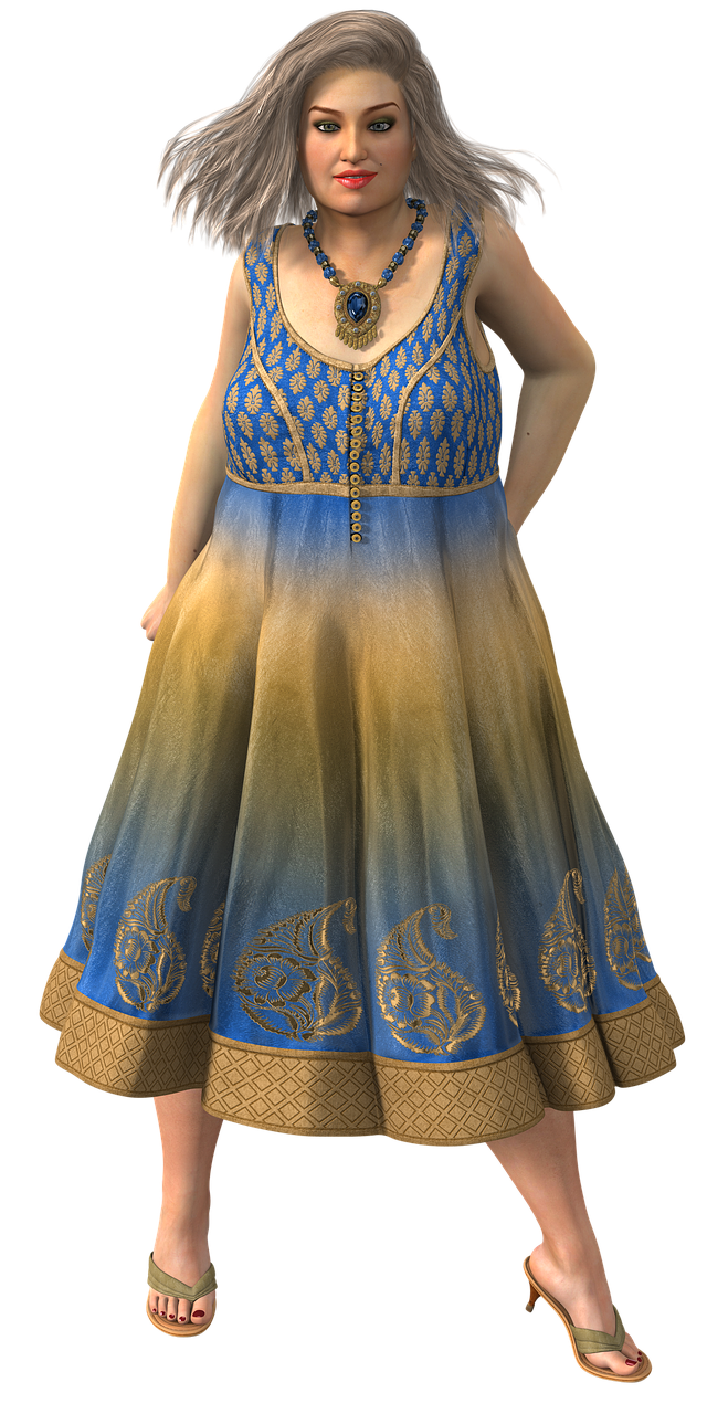 a woman in a blue and gold dress, a 3D render, inspired by Sudip Roy, curvy, realistically rendered clothing, fashion gameplay screenshot, medium detail