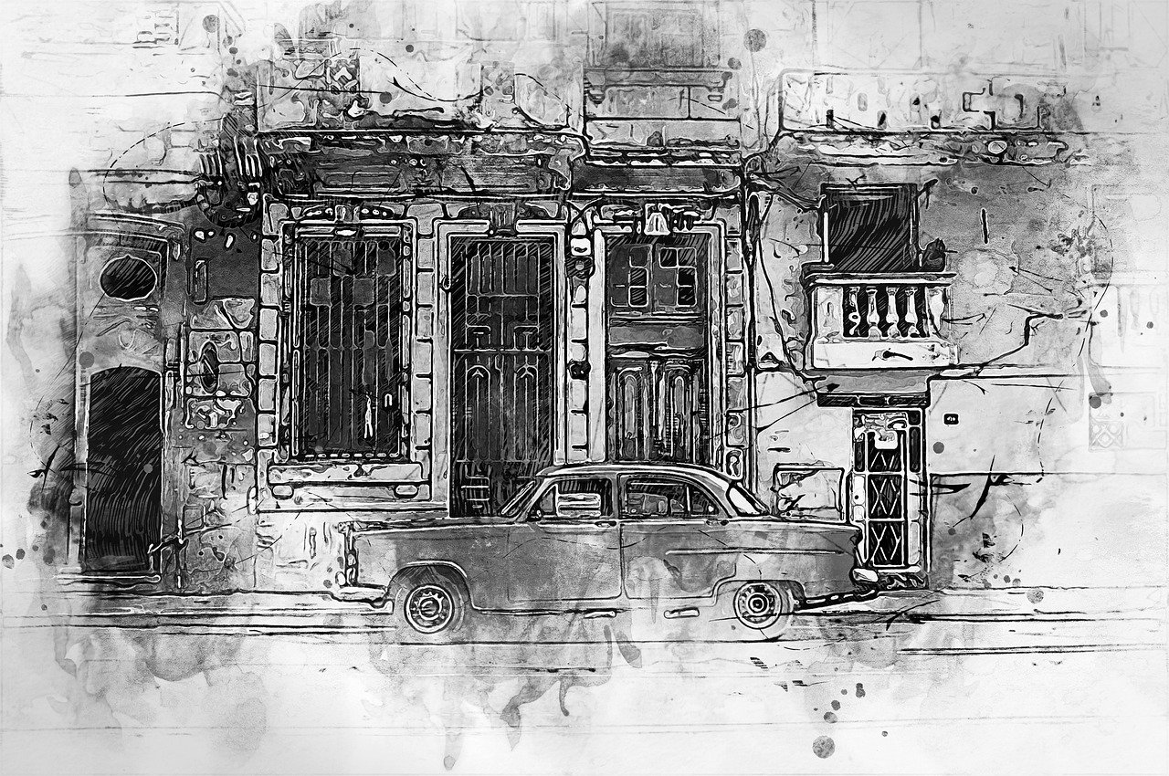 a drawing of a car parked in front of a building, an ink drawing, by Pál Balkay, trending on pixabay, cuban setting, painterly digital art, dirty streets, ink on canvas