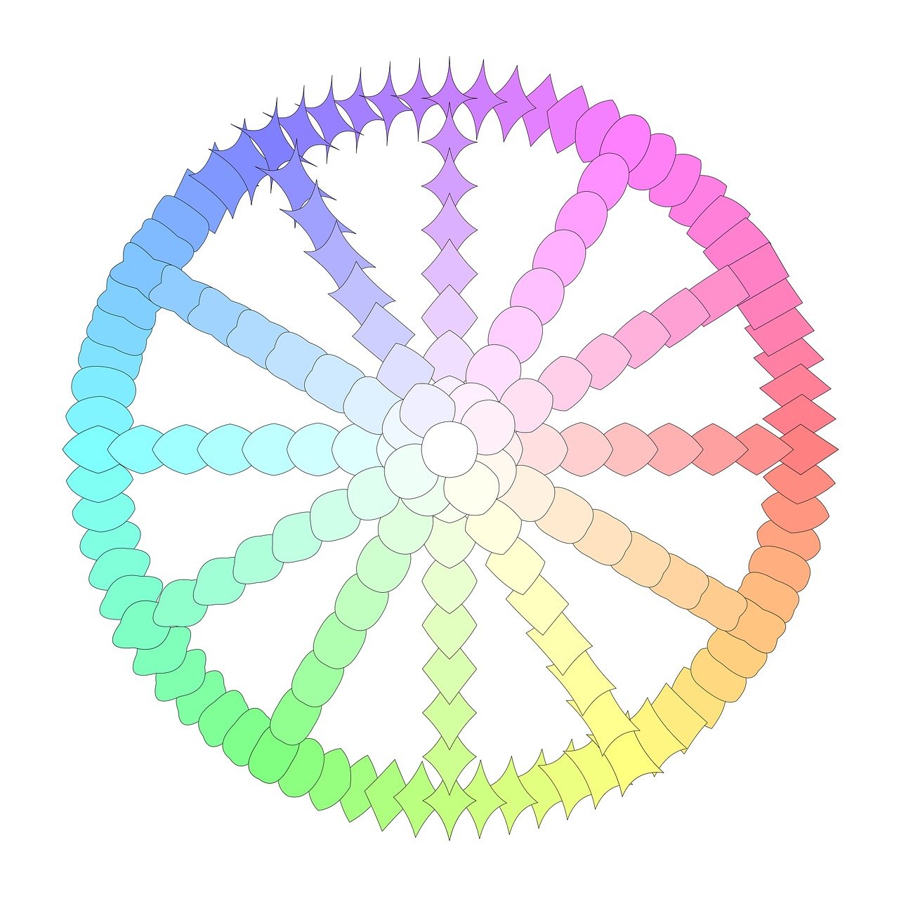 a picture of a rainbow colored wheel on a white background, an abstract drawing, inspired by Johannes Itten, petal pink gradient scheme, mandala white bones, 1 6 colors, pastel colourful 3 d