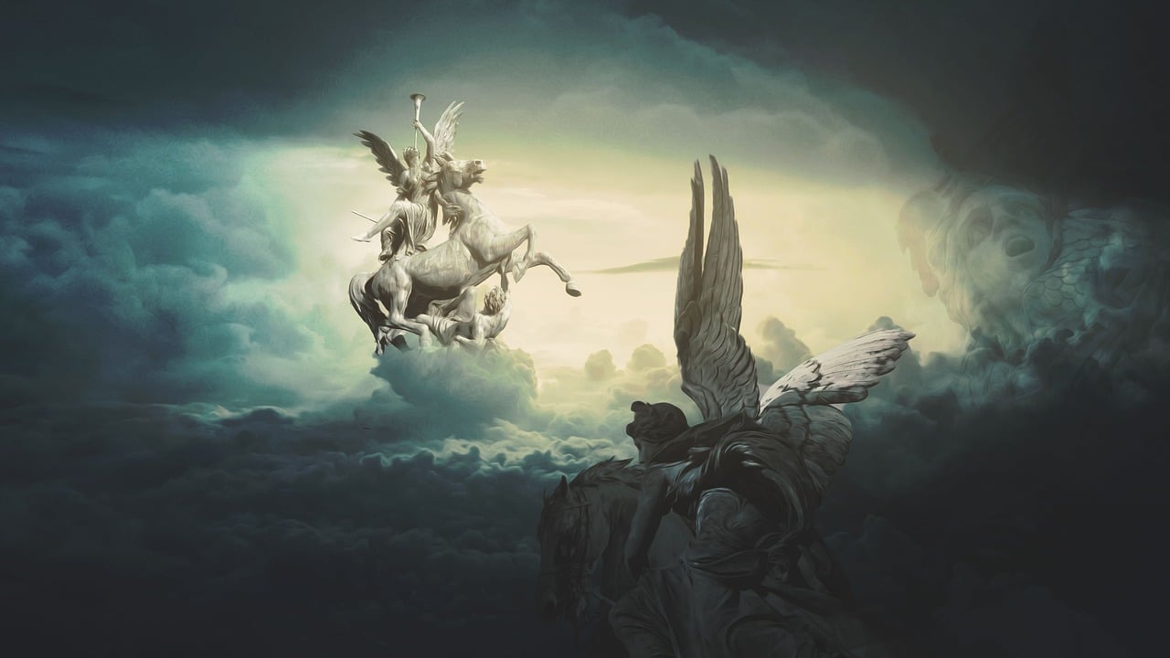 a painting of an angel riding a horse in the sky, concept art, baroque, photo of ghost of anubis, jean-sebastien rossbach, stefan koidl, winged victory