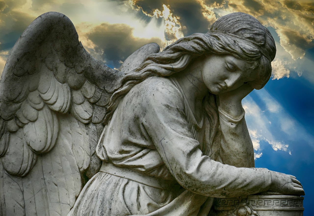a close up of a statue of an angel, by Marie Angel, pixabay contest winner, romanticism, among heavenly sunlit clouds, grieving. intricate, ¯_(ツ)_/¯, bottom angle