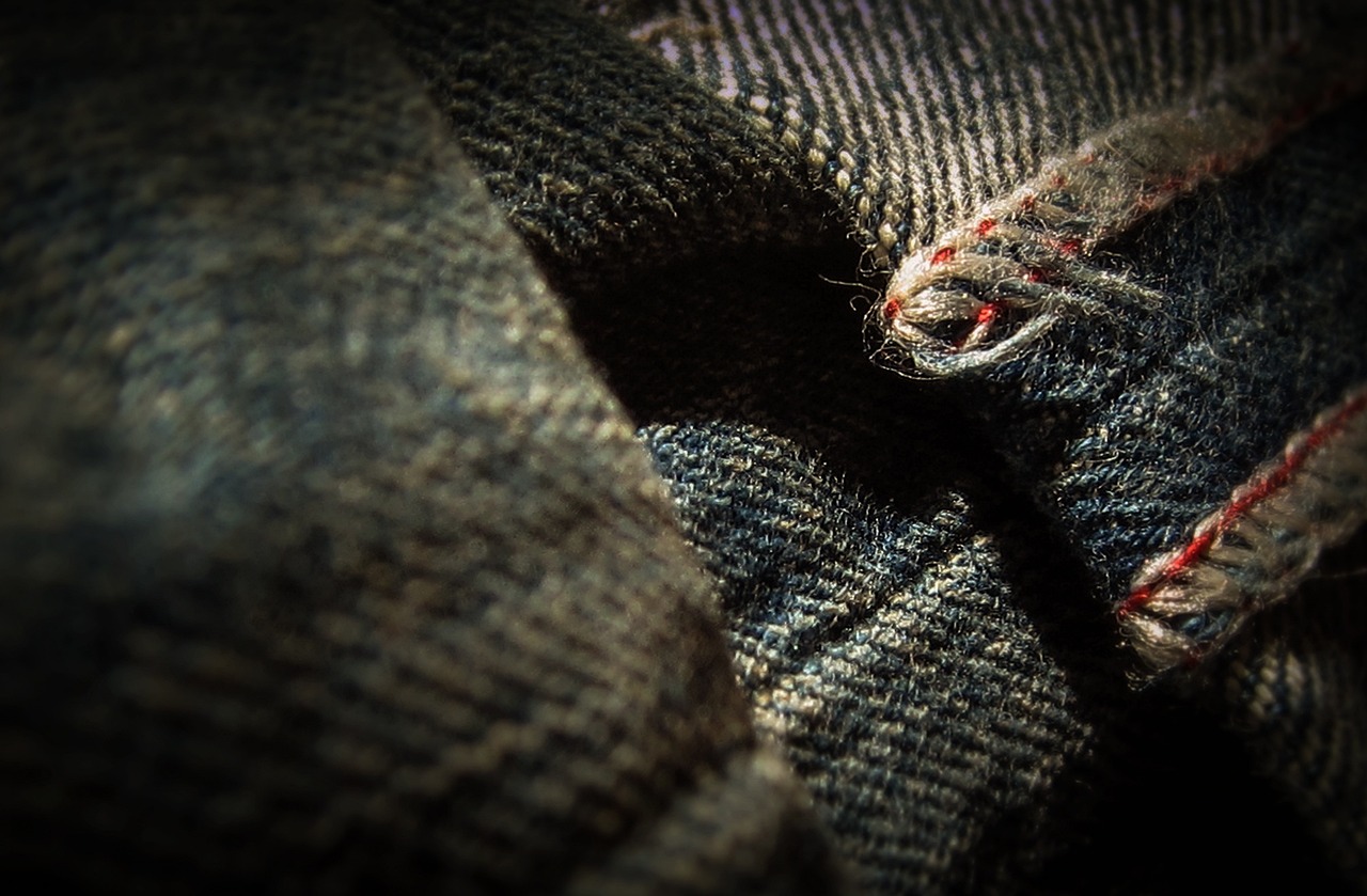 a close up of a pair of jeans, a macro photograph, by Thomas Häfner, digital art, mothman, old wool suit, dim lit, red eyes highly detailed