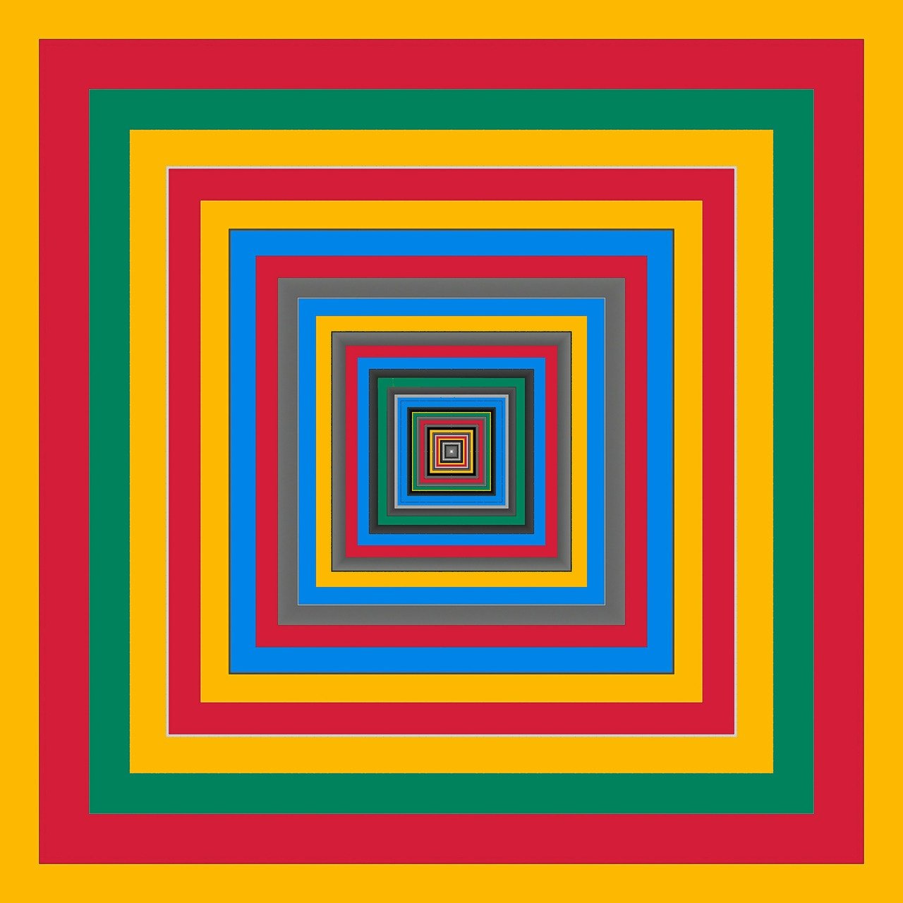 a multicolored square on a yellow background, a pop art painting, op art, tunnels lead to different worlds, yantra, multiple colors, oriental