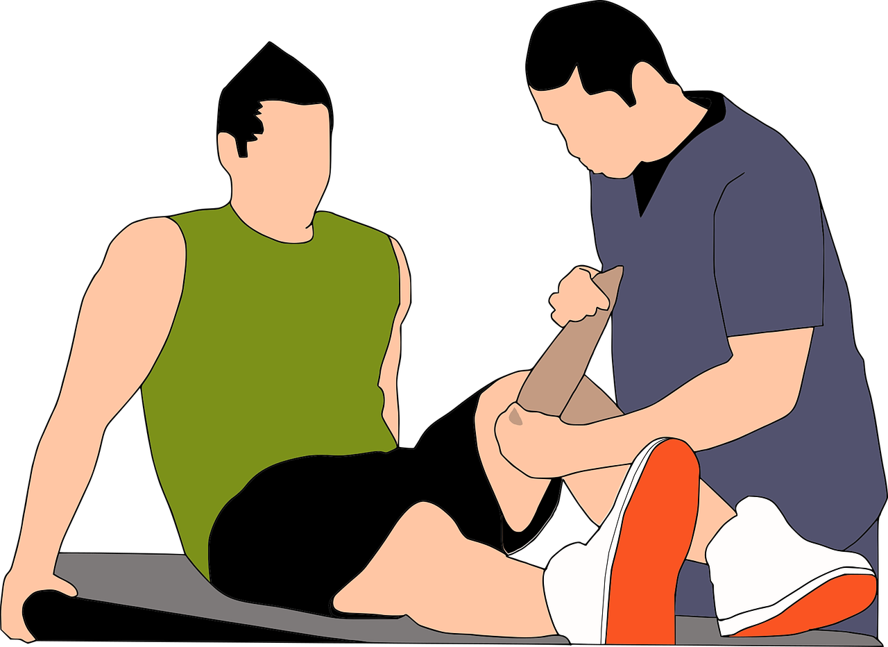 a man sitting on the ground next to another man, an illustration of, by Tom Carapic, pixabay, happening, bandage, working out, fully colored, stab wound
