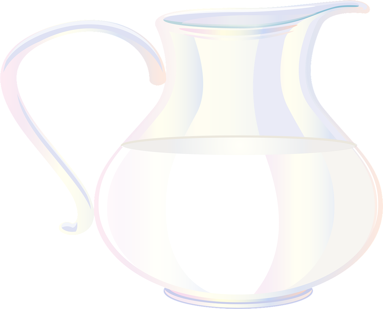 a pitcher of milk on a black background, a raytraced image, inspired by Shūbun Tenshō, pixabay, mother of pearl iridescent, silver，ivory, set against a white background, full color illustration