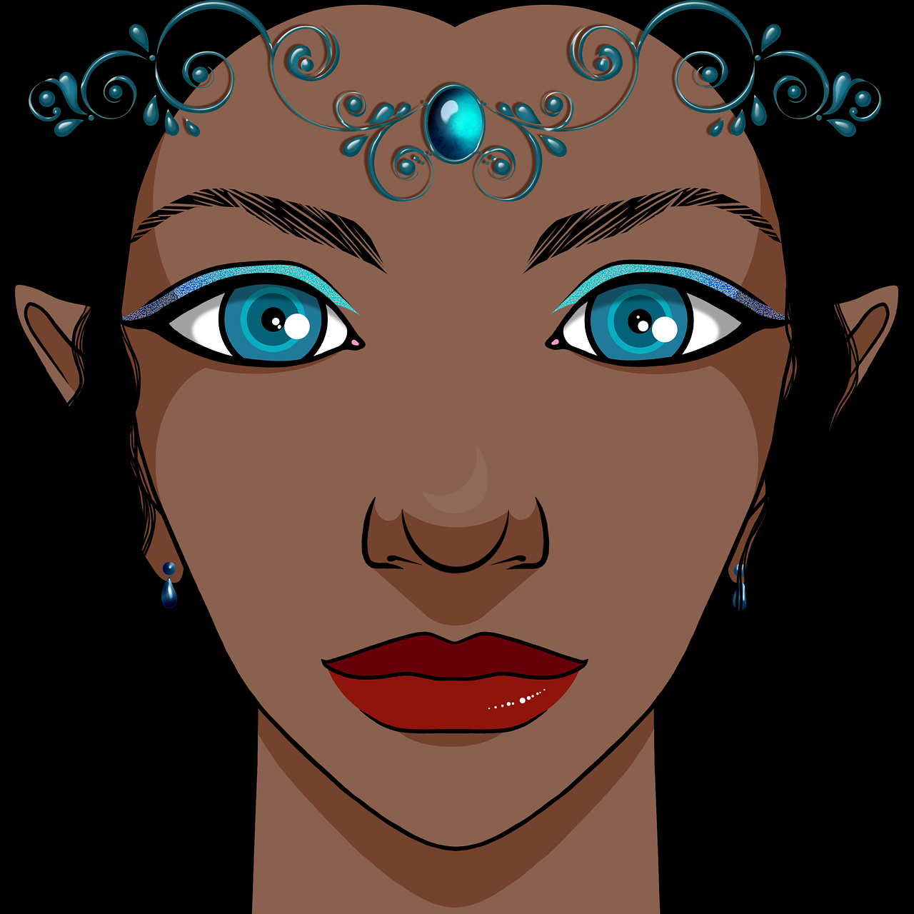 a close up of a woman's face with blue eyes, a character portrait, art nouveau, black african princess, teen elf girl, diadem on the head, attractive symmetrical face