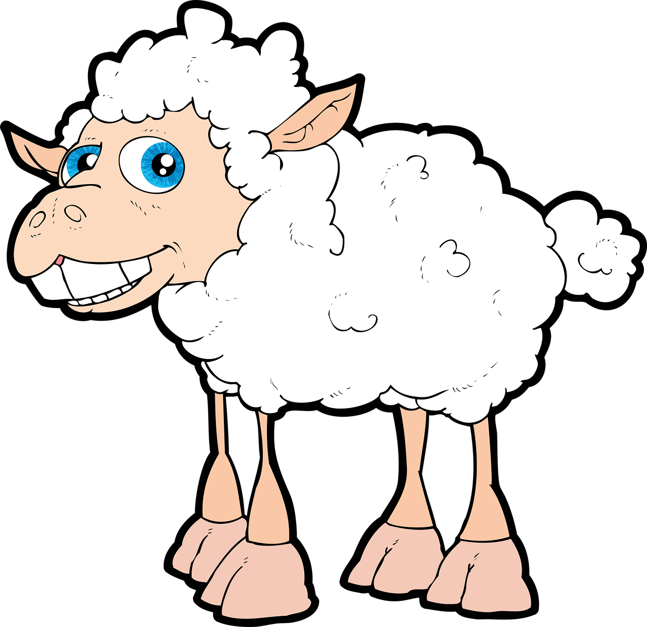 a cartoon sheep with blue eyes on a black background, an illustration of, mingei, 4 legs, all teeth, cartoon still, clipart