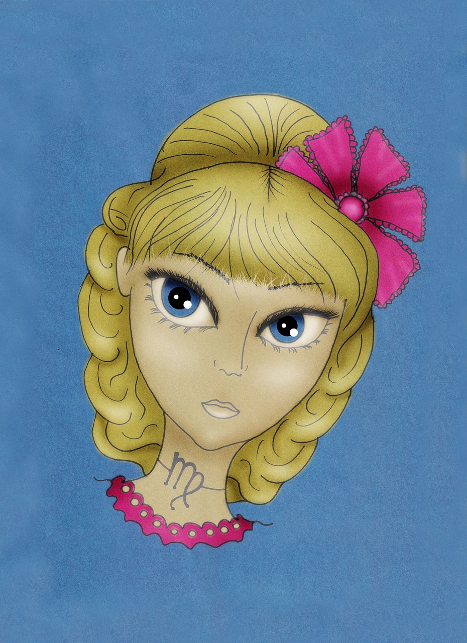 a drawing of a blonde girl with a pink bow, a character portrait, inspired by Mab Graves, pop surrealism, zodiac libra sign, drawn with photoshop, a portrait of a blue eye girl, art in the style of disney