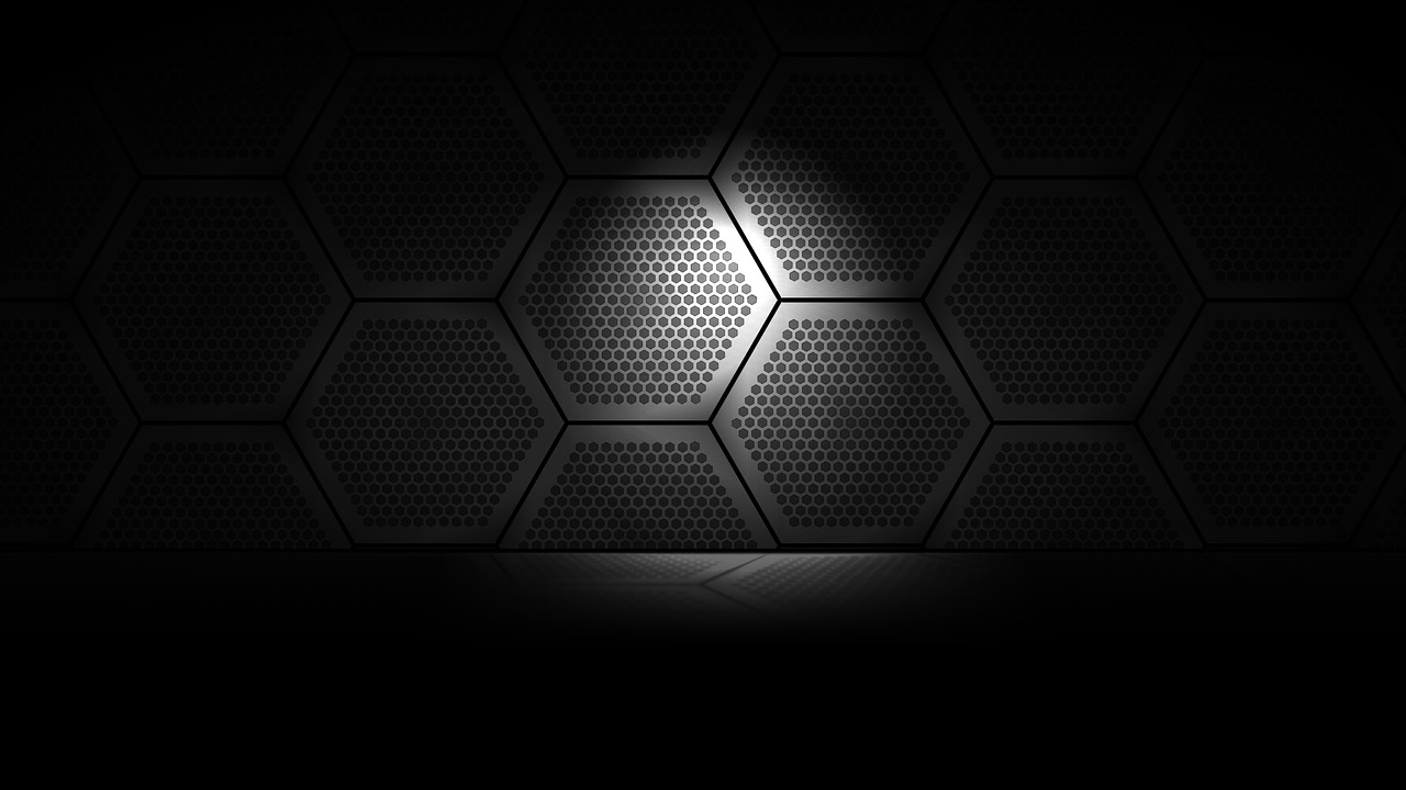 a dark room with a hexagonal pattern on the wall, an ambient occlusion render, digital art, hd screenshot, metal floor, screen light, wallpaper - 1 0 2 4
