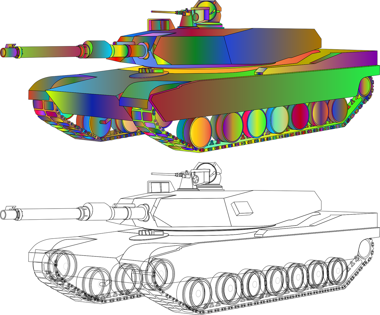 a close up of a tank on a black background, a raytraced image, digital art, rainbow colored, phone photo, outline drawing, high definition screenshot