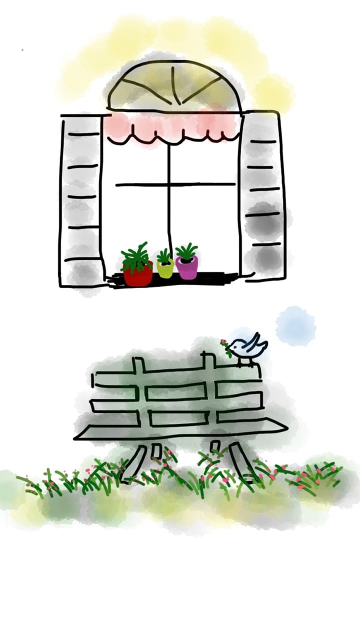 a drawing of a bench in front of a window, a picture, by Maki Haku, naive art, flower pots, bird sight, color comic, without background