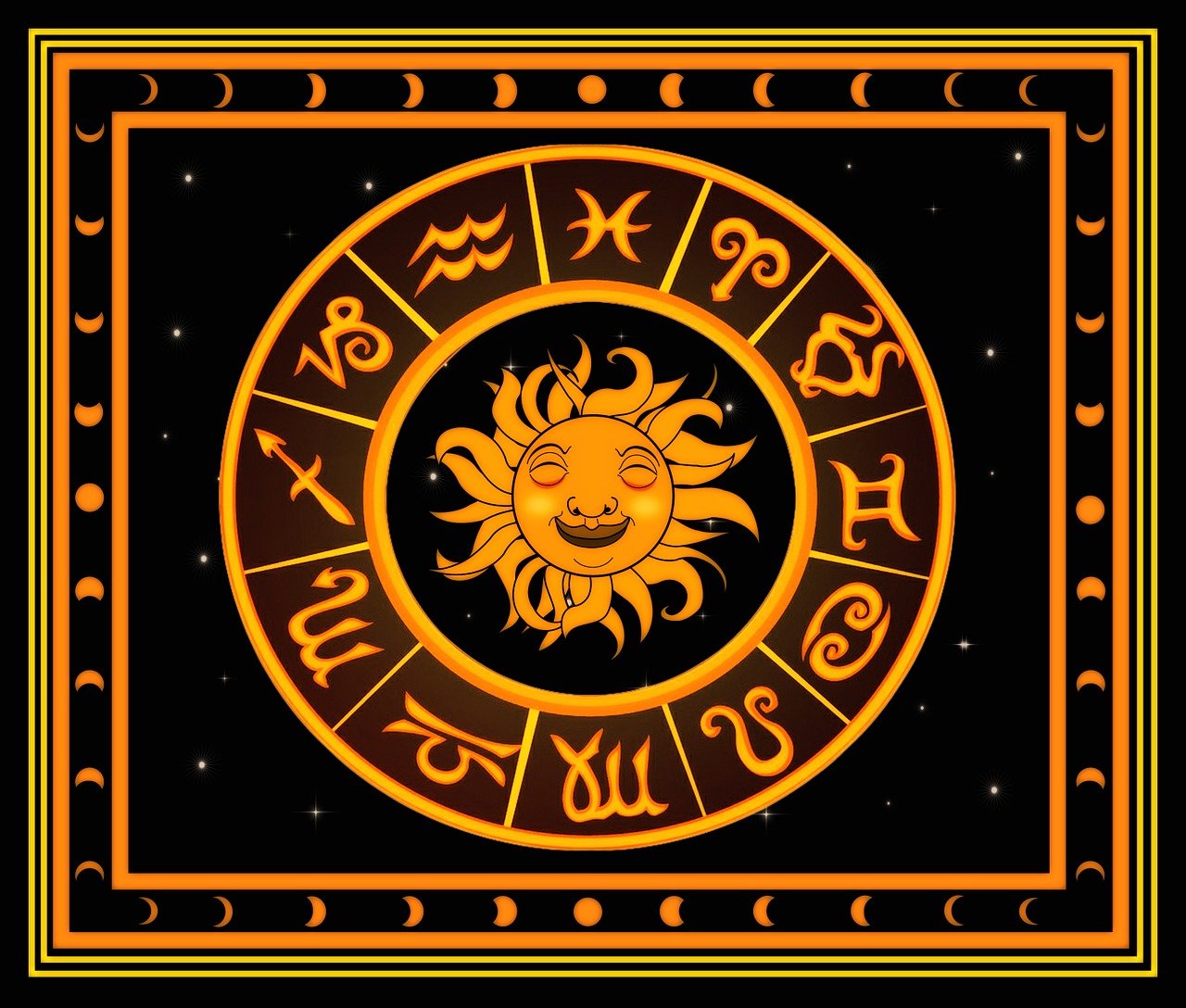 a zodiac sign with a sun in the middle, a digital rendering, inspired by Xul Solar, renaissance, on a flat color black background, very very happy, swirling around, hieroglyphic signs