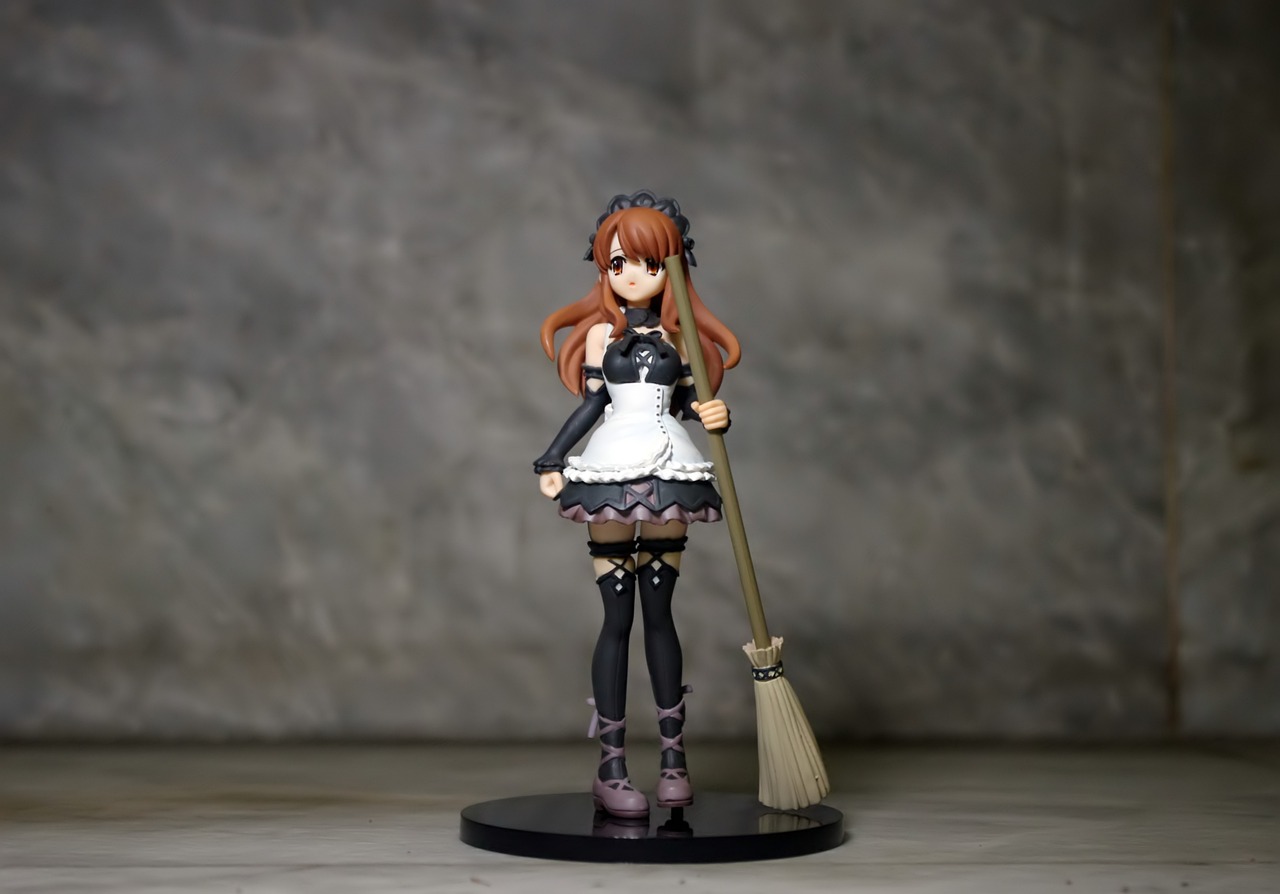 a figurine of a woman holding a broom, a statue, inspired by Kaii Higashiyama, anime maid nazi ss military, rias gremory, fullbody photo, maiden with copper hair