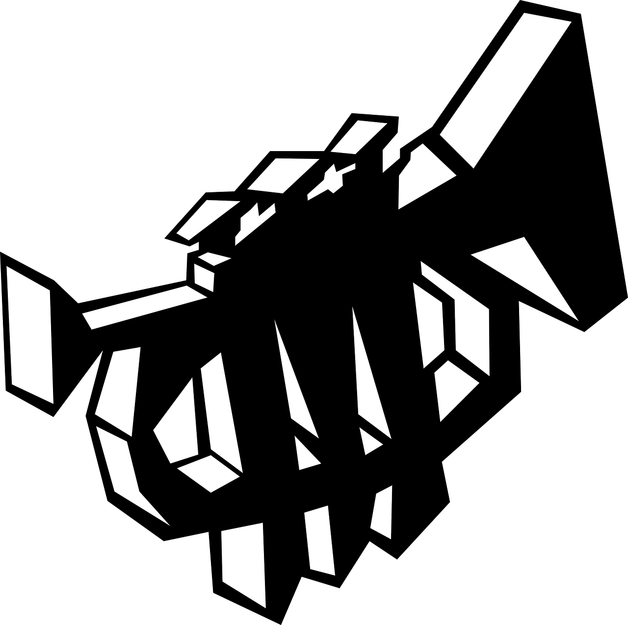 a black and white image of a broken window, vector art, inspired by Josef Čapek, deviantart, crystal cubism, space insect android, arms extended, logo without text, space station