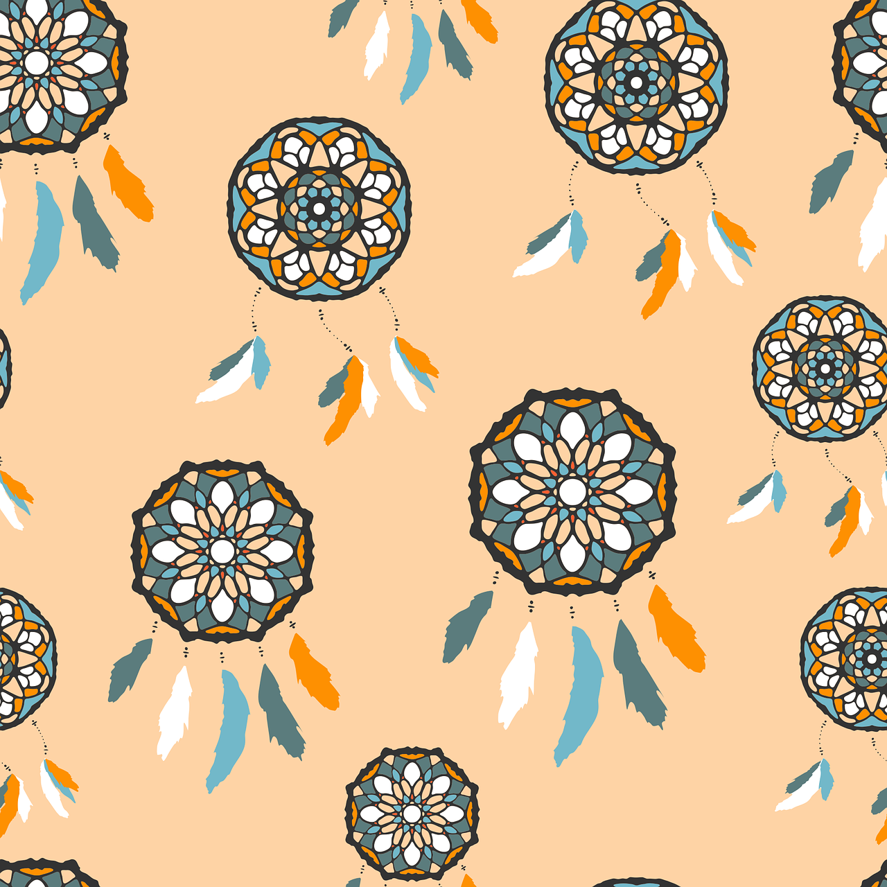 a pattern of dream catchers and feathers on a beige background, shutterstock, arabesque, orange and turquoise, repeating patterns, cut, anime screenshot pattern