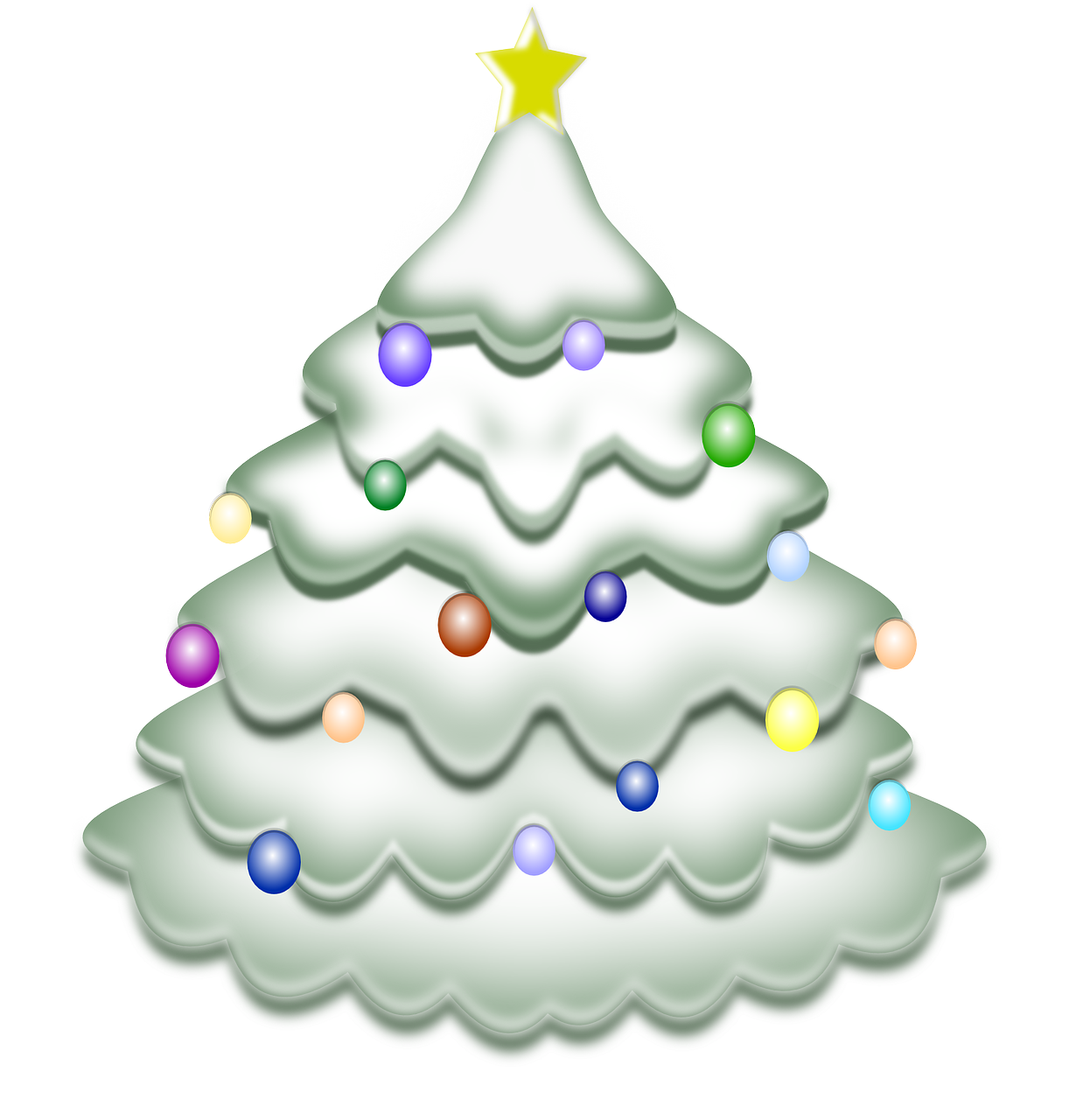 a christmas tree with a star on top of it, a pastel, sōsaku hanga, white pearlescent, cel shaded, hight decorated, (snow)