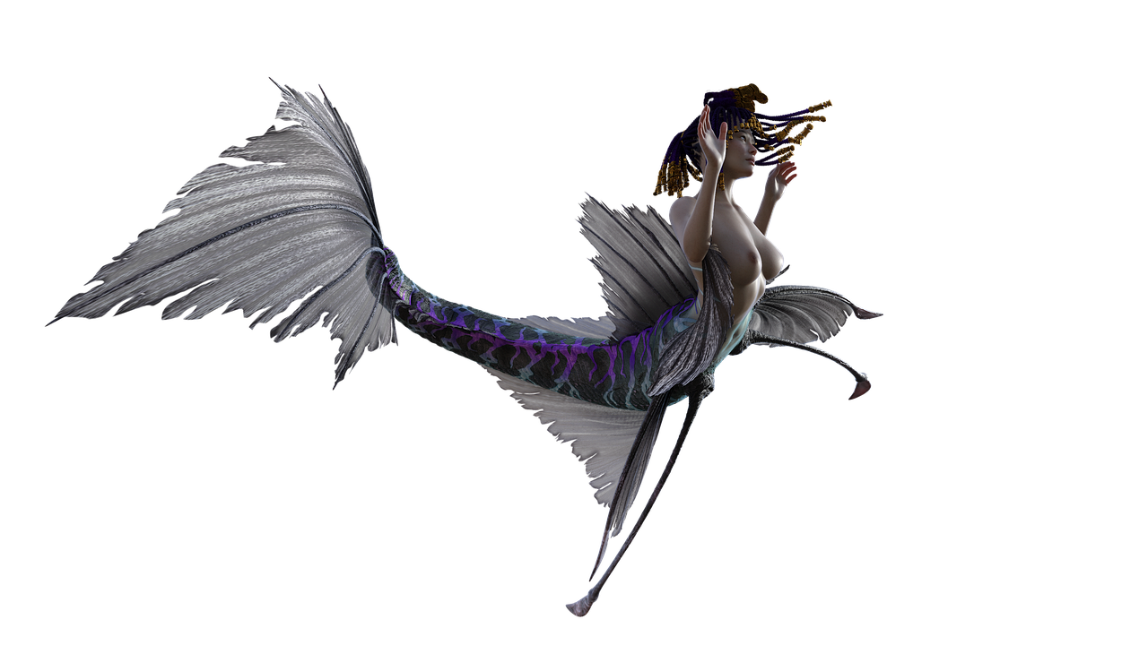 a woman in a mermaid costume flying through the air, by Howard Butterworth, zbrush central contest winner, conceptual art, on black background, side-view. highly detailed, made from million point clouds, fish tail