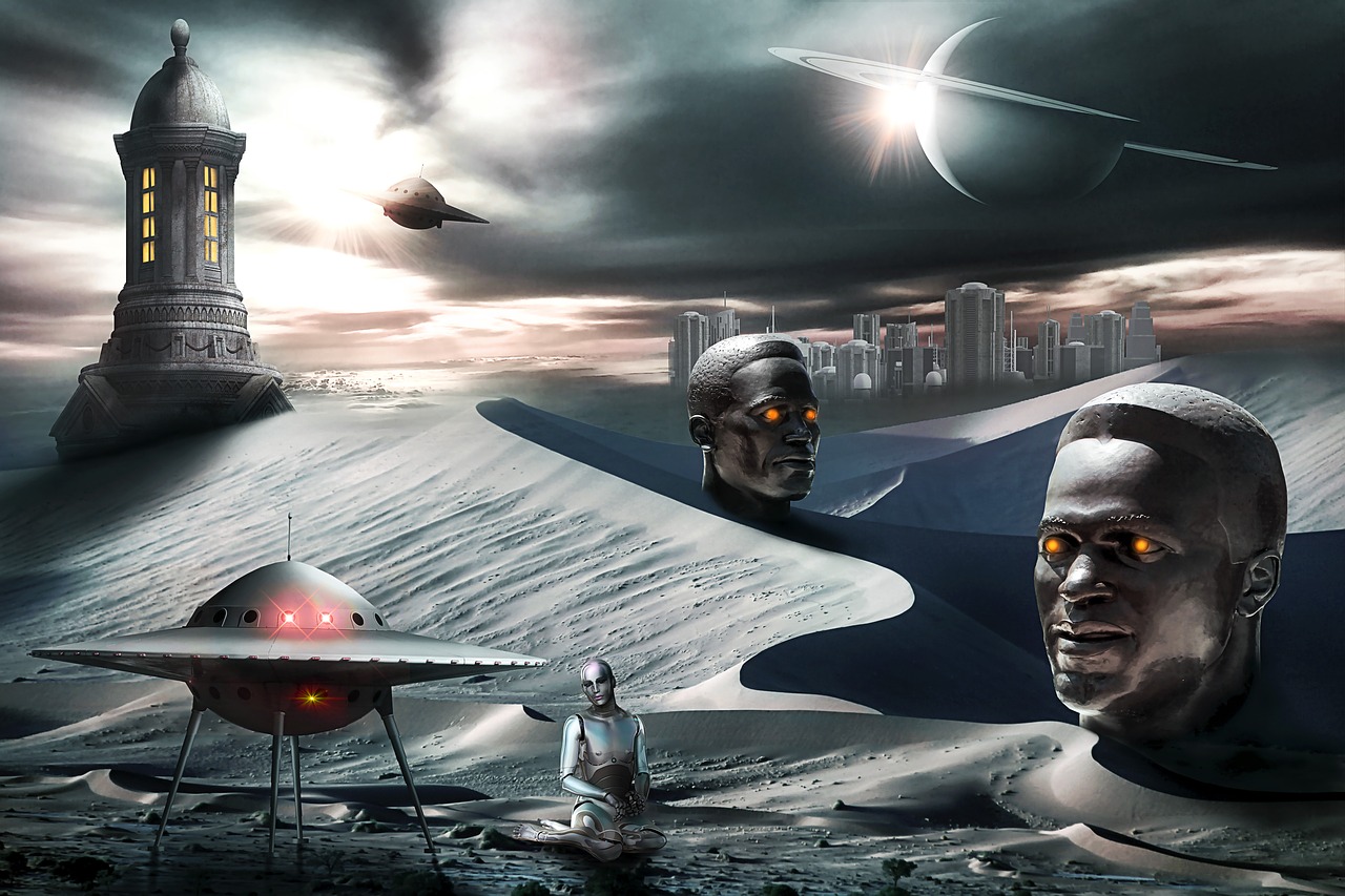a group of people standing on top of a desert, digital art, afrofuturism, h.r. giger city, focus on two androids, portrait of a space cyborg, with spaceships in the sky