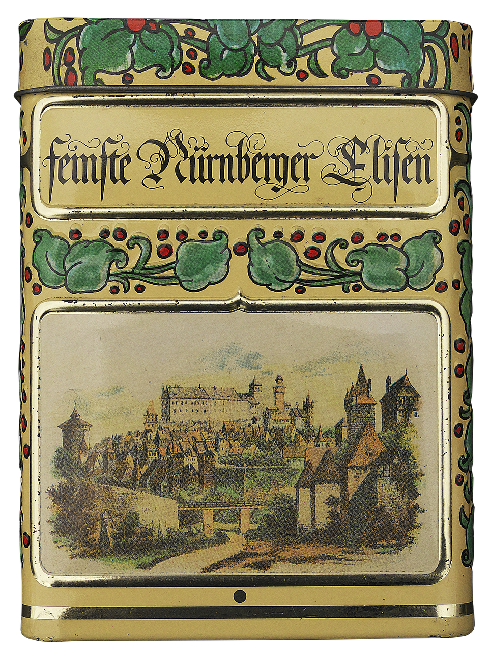 a box with a picture of a castle on it, an album cover, by Albin Egger-Lienz, tin can, fendi, year 1 9 0 0, tea