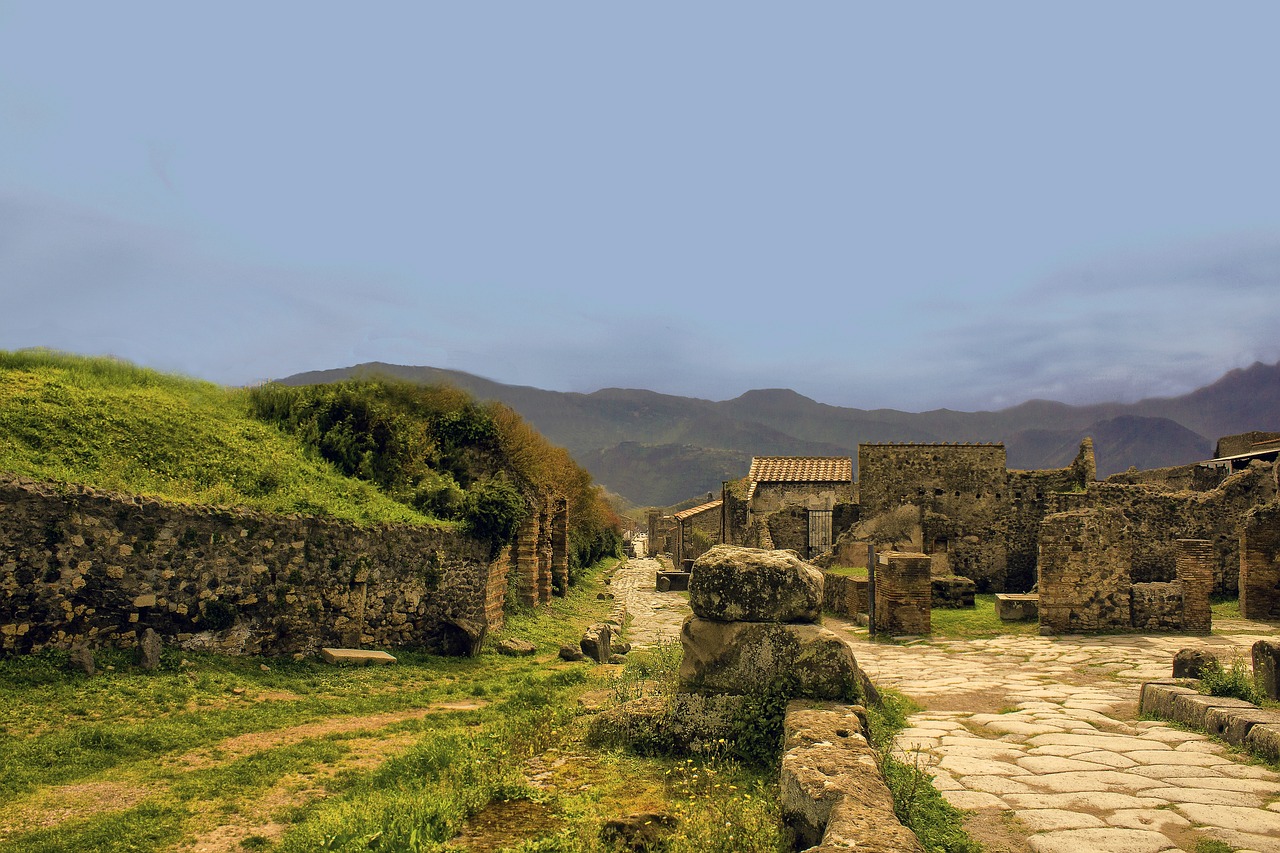 the ruins of the ancient city of pompeii, a portrait, by Pogus Caesar, pixabay, renaissance, green field with village ruins, road, seaside, edited