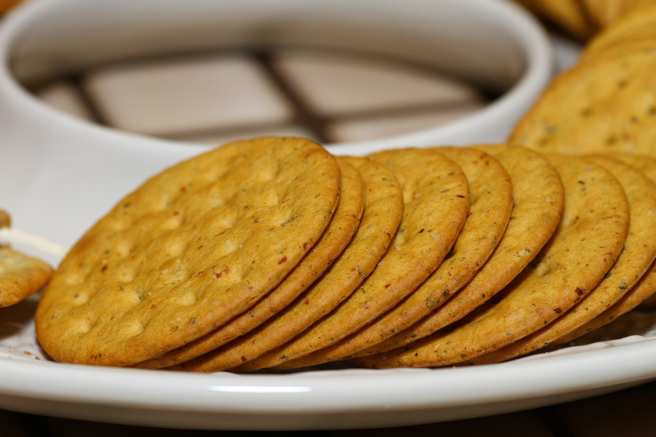 a white plate topped with crackers next to a bowl of dip, pexels, dau-al-set, closeup - view, therookies, sun glints, 6 pack